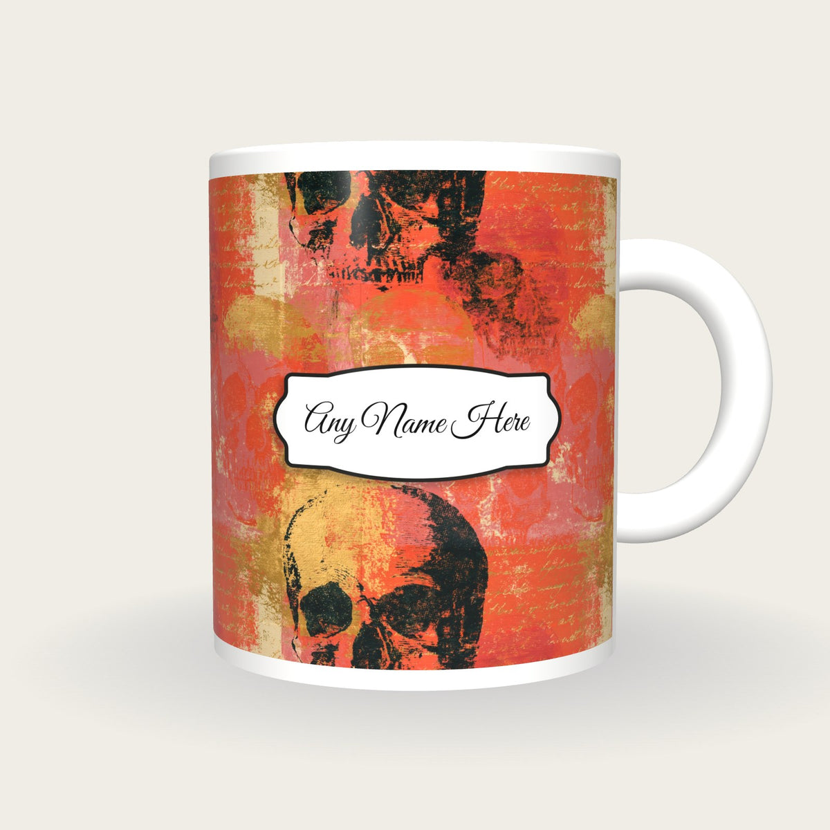 Monoprint Grungy Skulls Name Mug, front with the name label