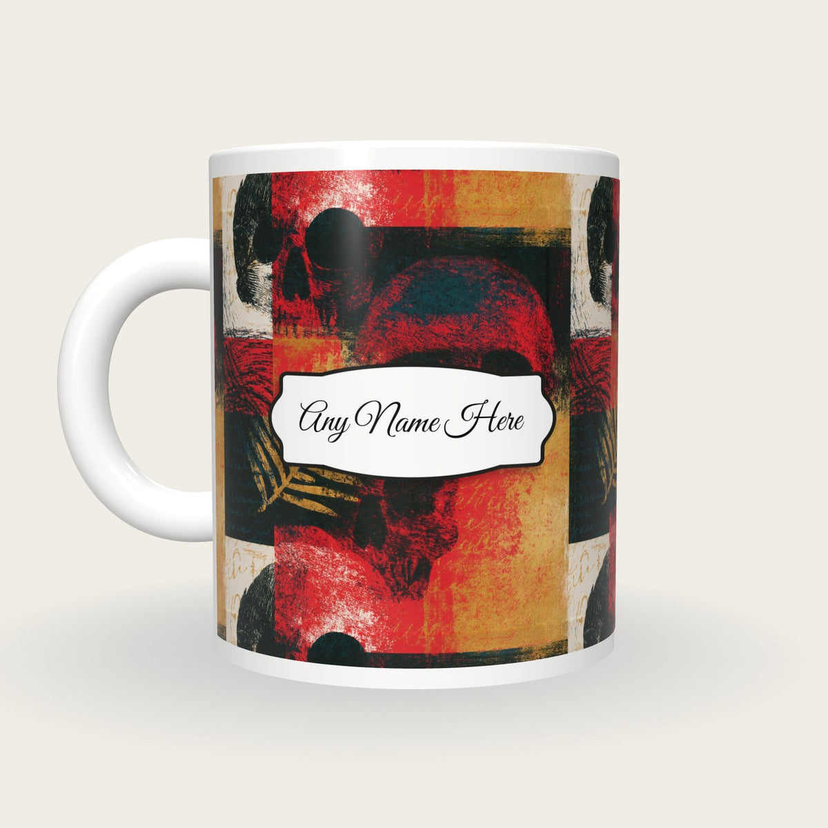 Risograph Grungy Skulls Name Mug, back with the second name label
