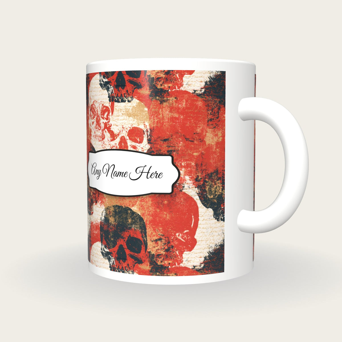 Screenprint Grungy Skulls Name Mug, three-quarter view