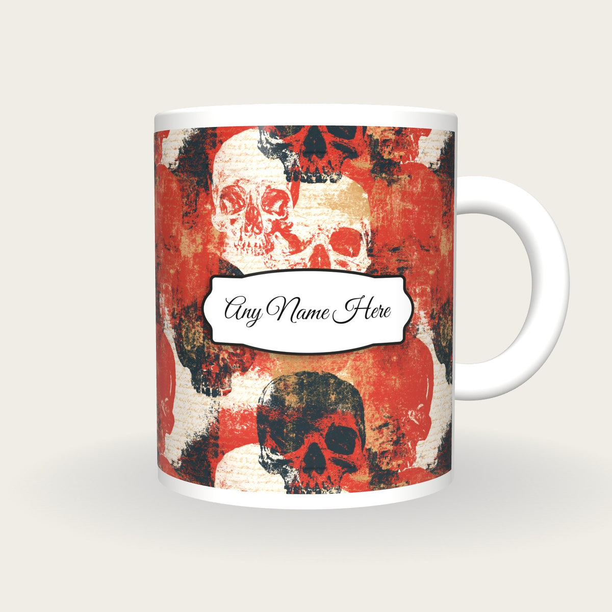 Screenprint Grungy Skulls Name Mug, front with the name label