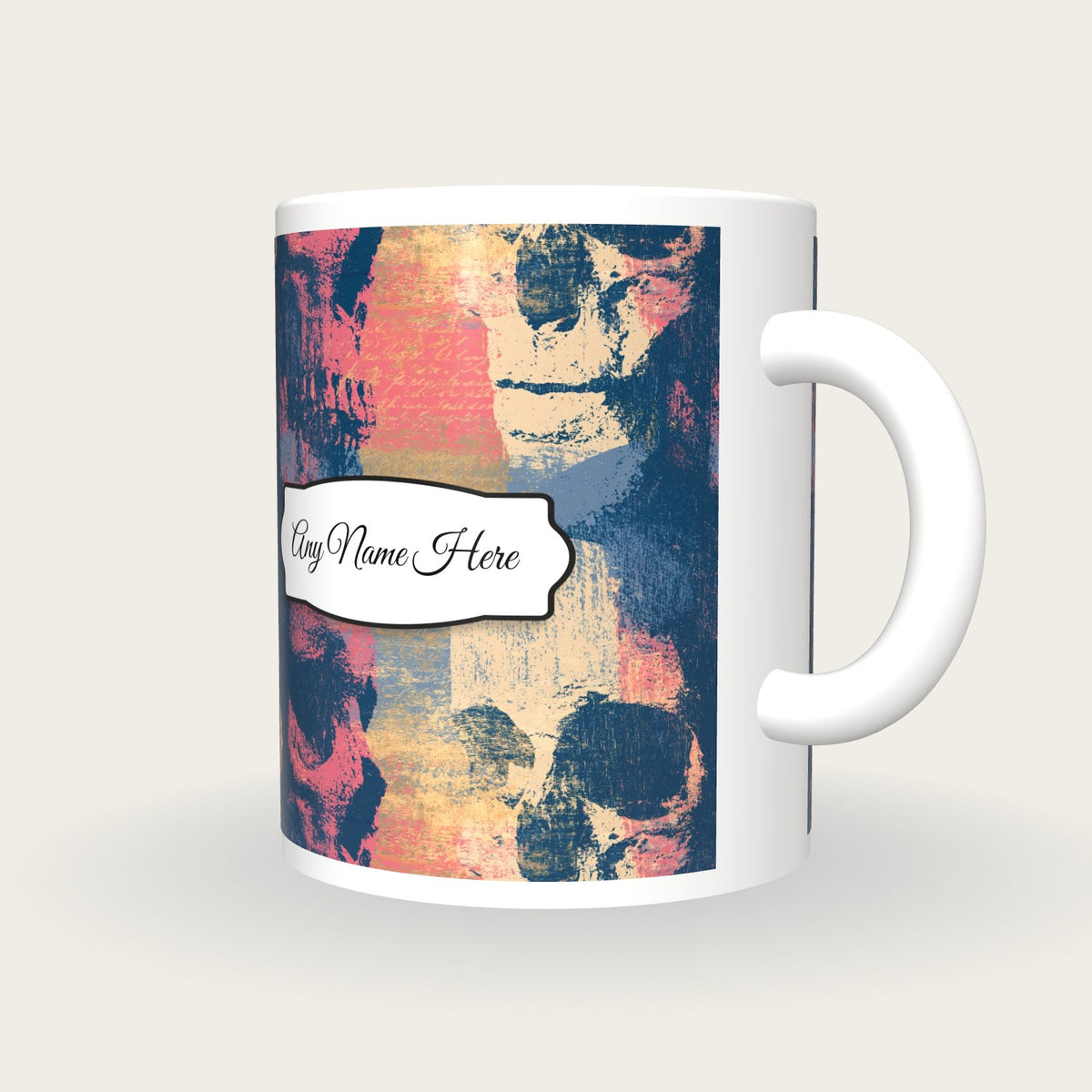 Woodcut Skulls Name Mug, three-quarter view