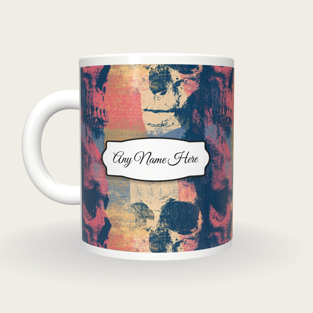 Woodcut Skulls Name Mug, back with the second name label