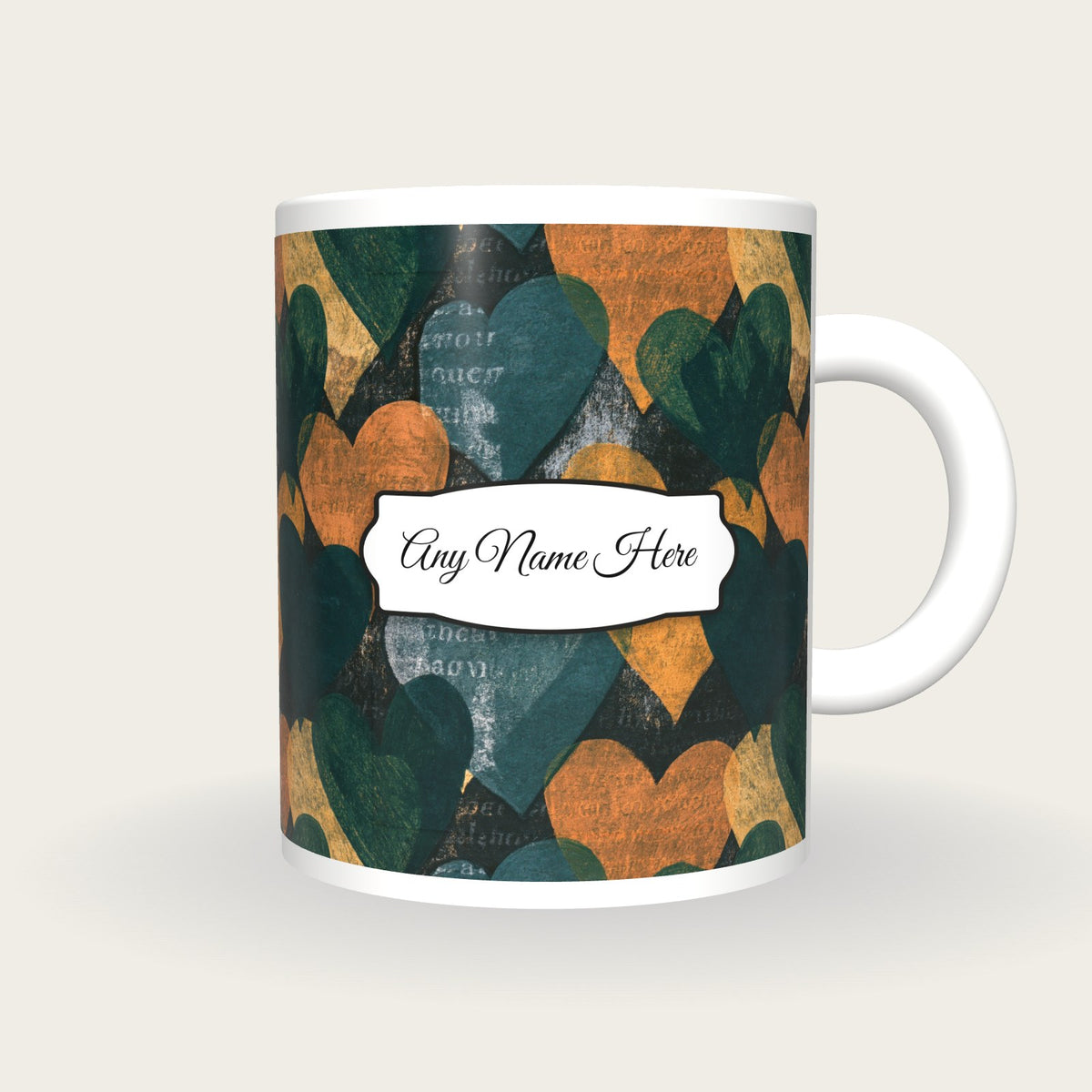 Lithograph Love Hearts Name Mug, front with the name label
