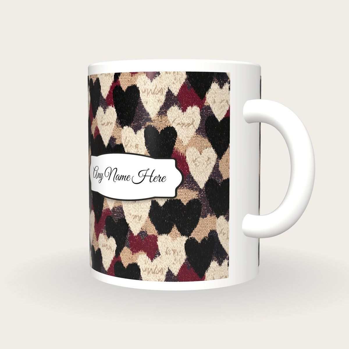 Tapestry Love Hearts Name Mug, three-quarter view