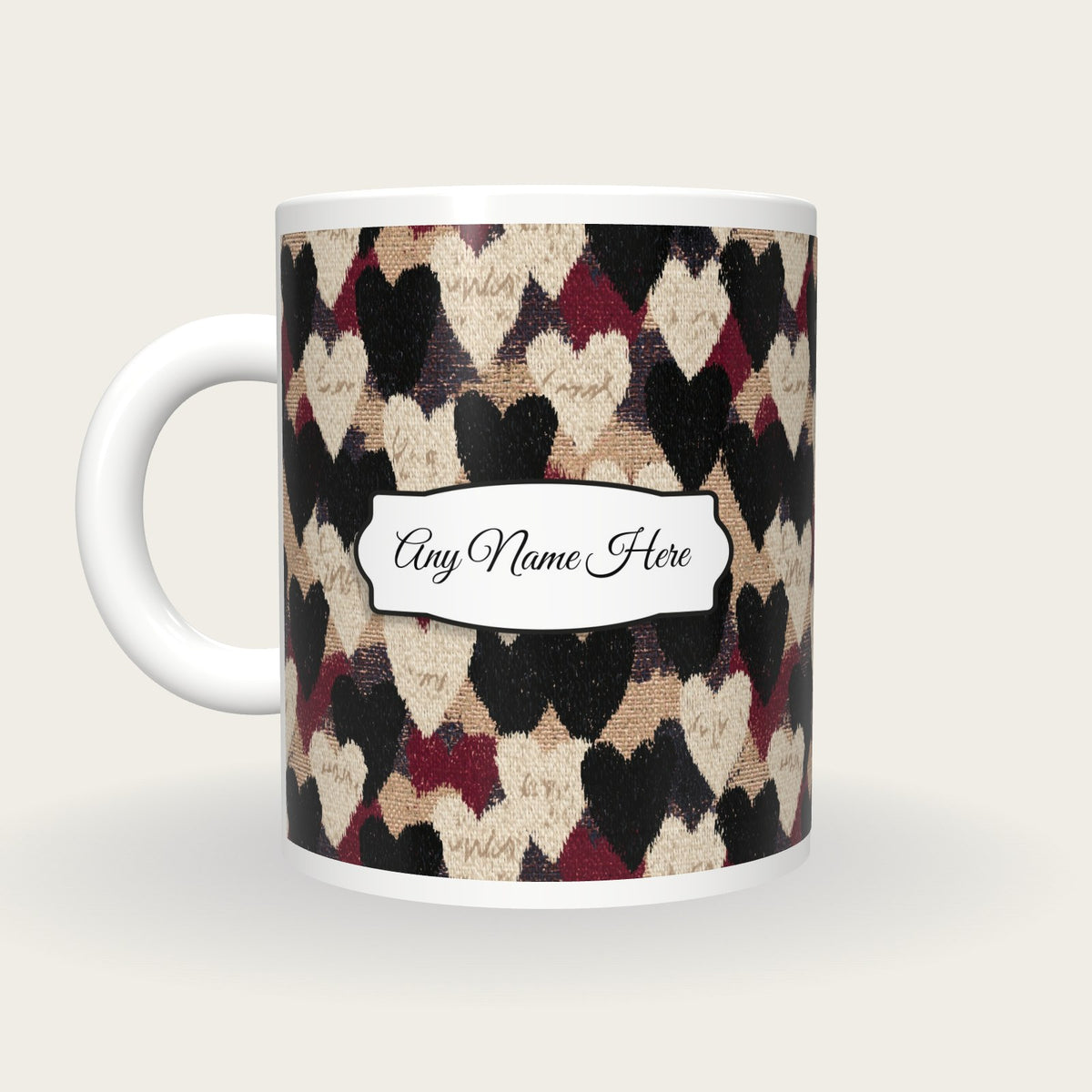 Tapestry Love Hearts Name Mug, back with the second name label
