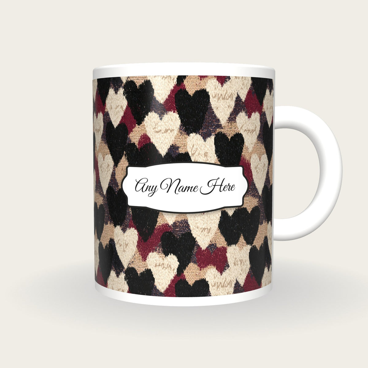 Tapestry Love Hearts Name Mug, front with the name label