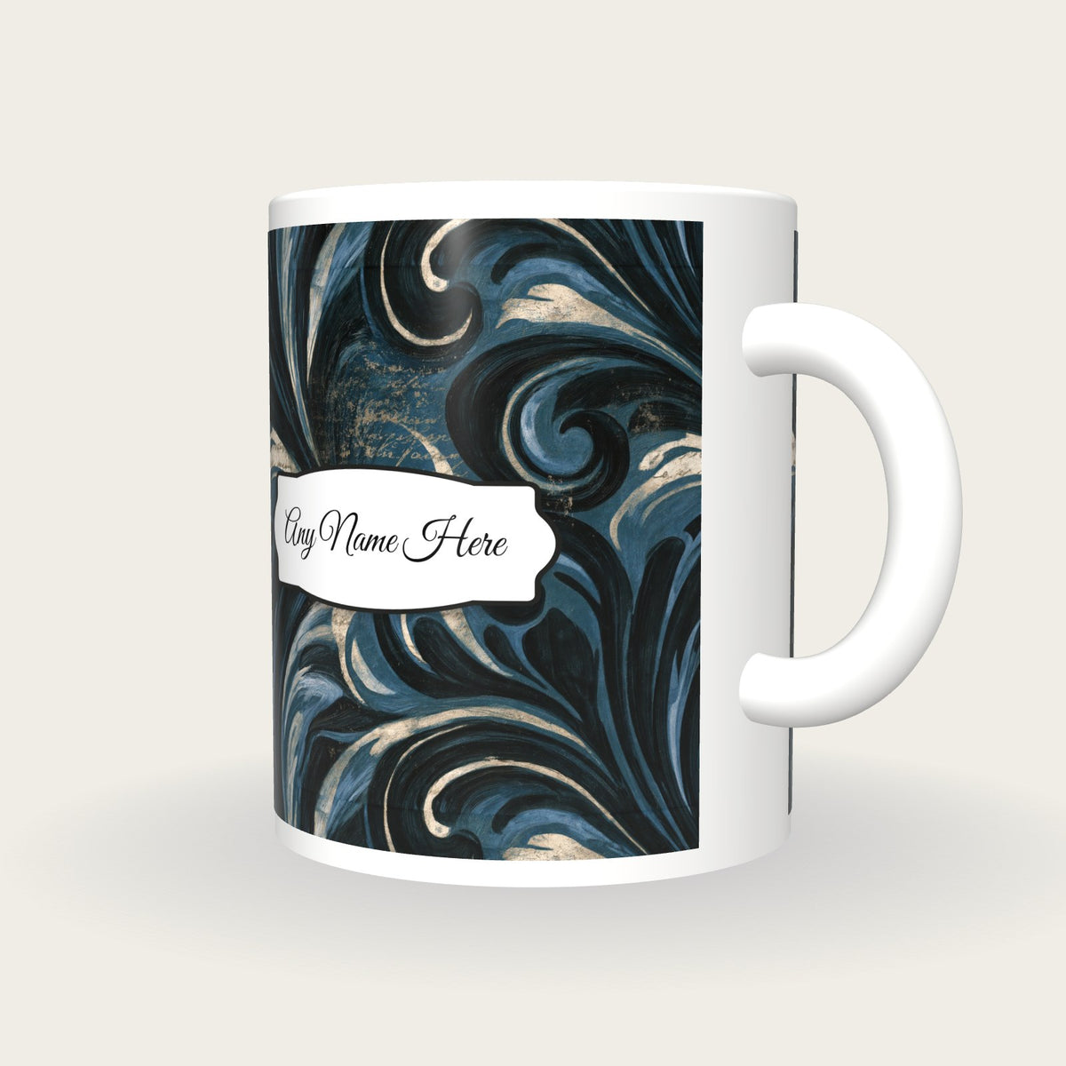Baroque Mexico Slate Ink Name Mug, three-quarter view