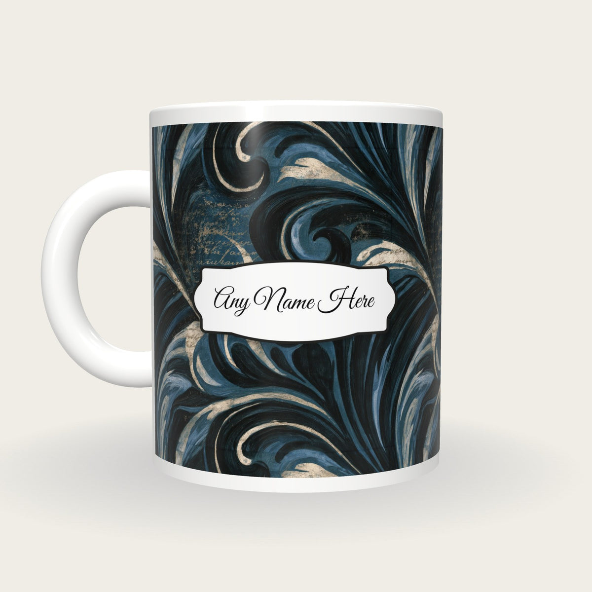 Baroque Mexico Slate Ink Name Mug, back with the second name label
