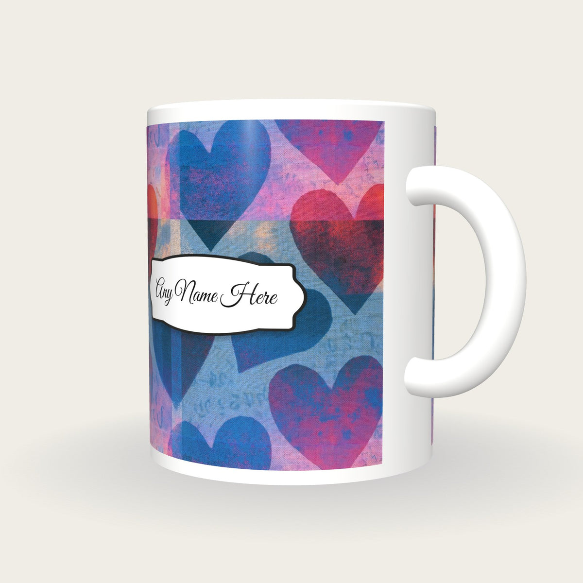 Vaporwave Hearts Name Mug, three-quarter view