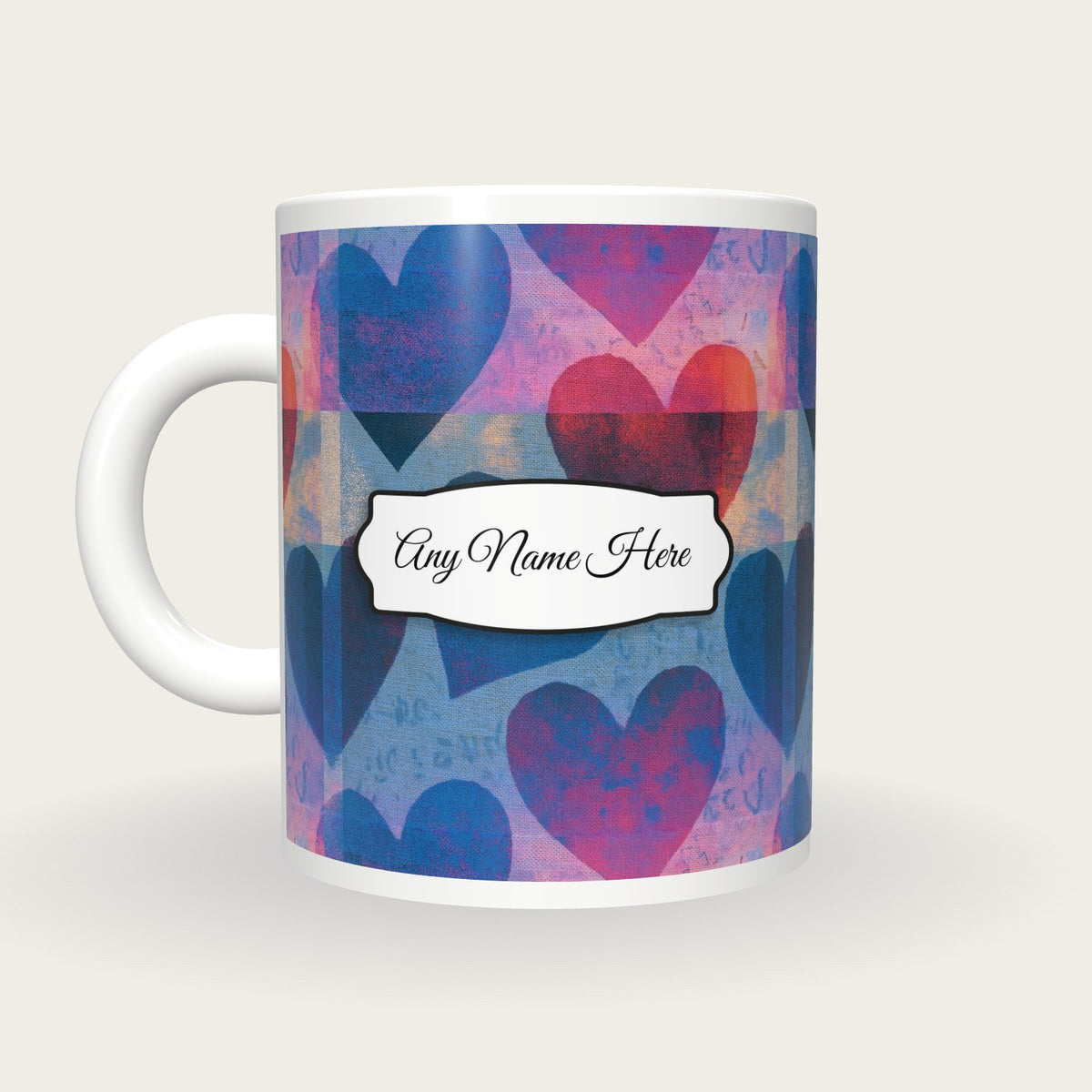 Vaporwave Hearts Name Mug, back with the second name label