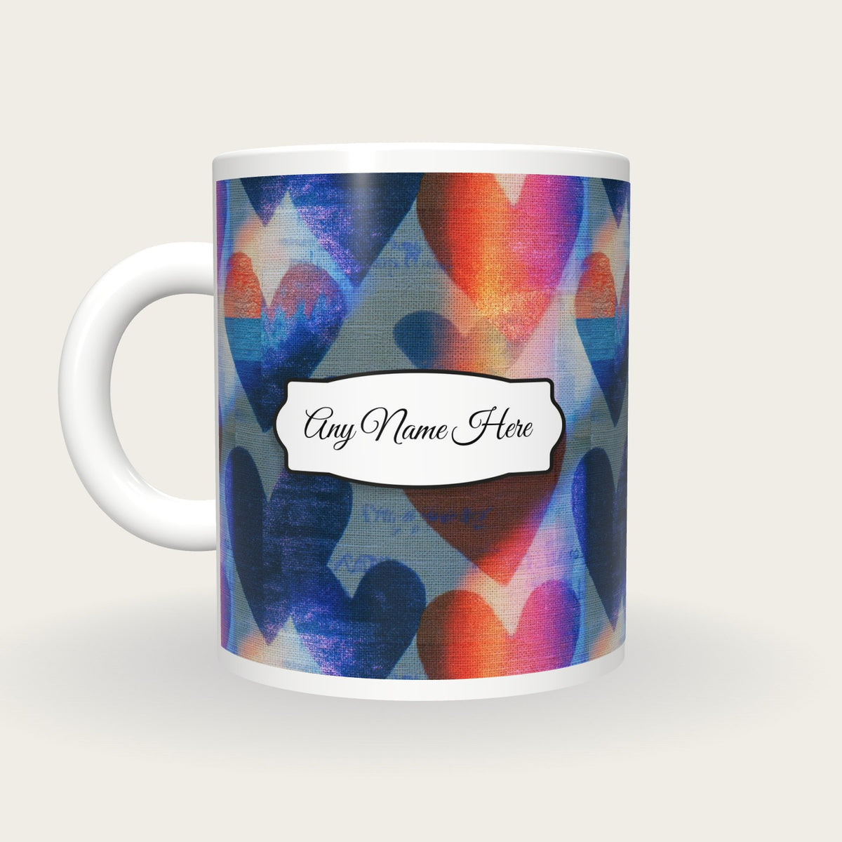 Vaporwave Hearts Name Mug 2, back with the second name label