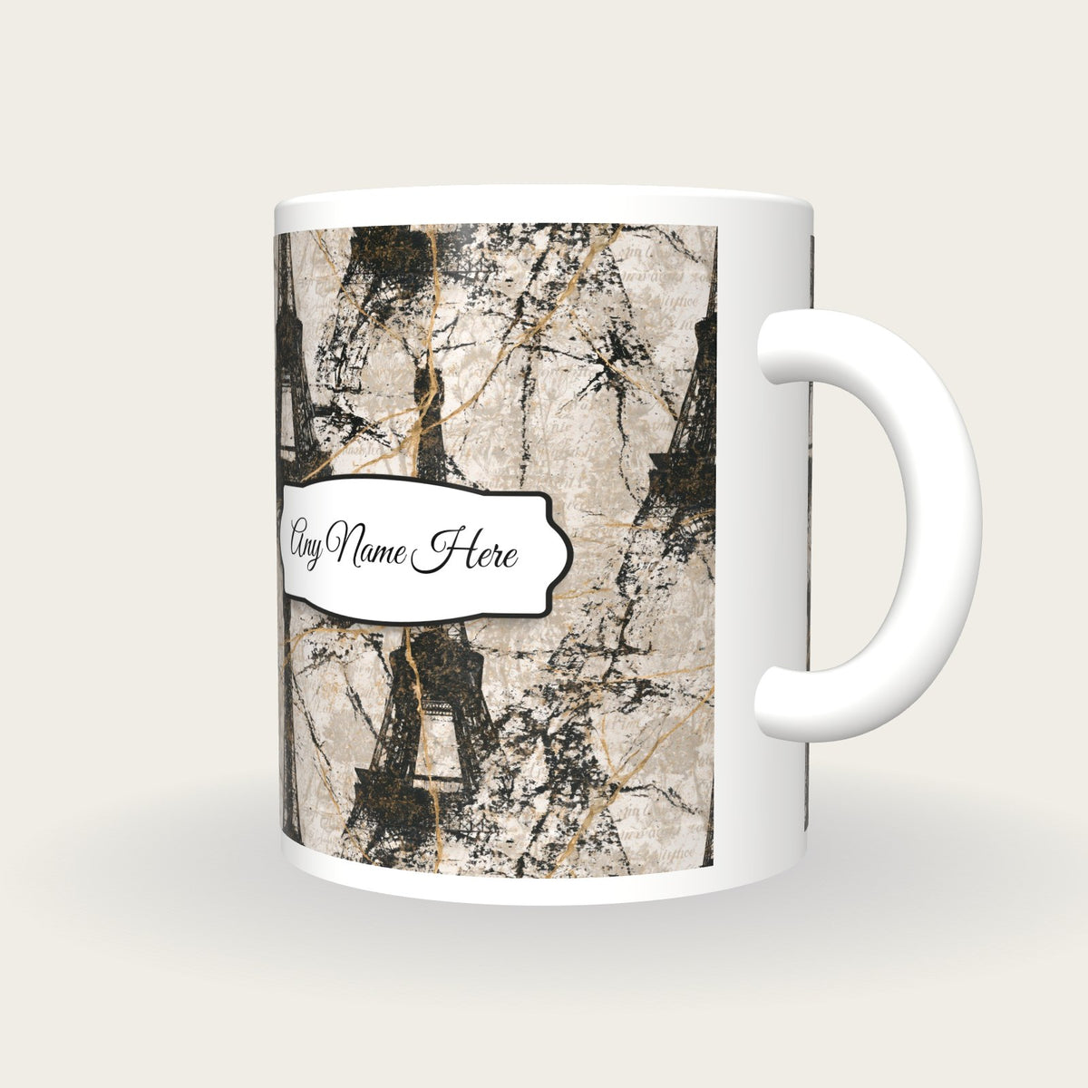 Kintsugi Eiffel Tower Name Mug, three-quarter view