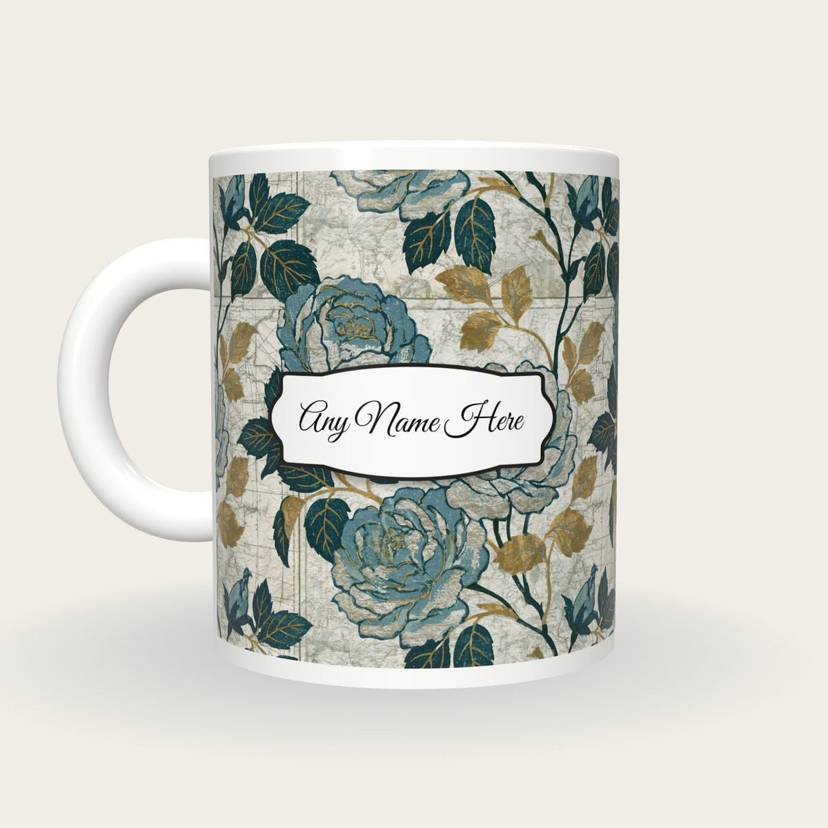 Moku Hanga Roses Name Mug 3, back with the second name label
