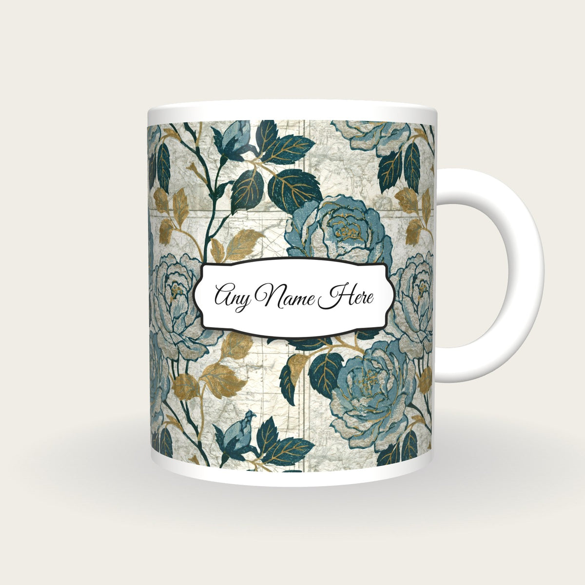 Moku Hanga Roses Name Mug 3, front with the name label