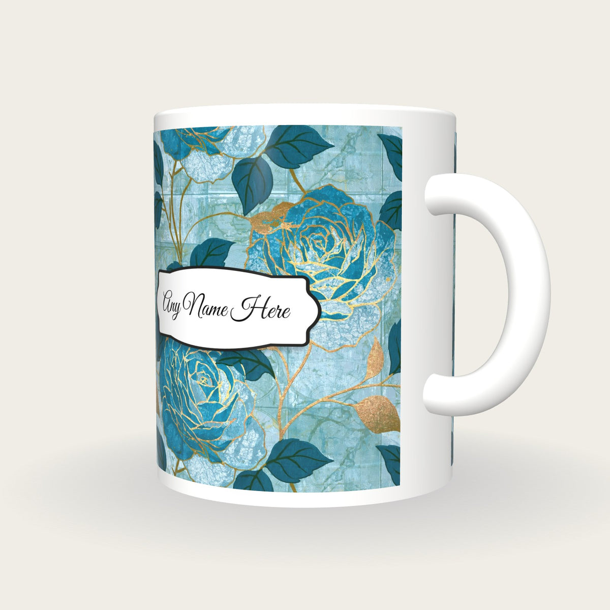 Moku Hanga Roses Name Mug 4, three-quarter view