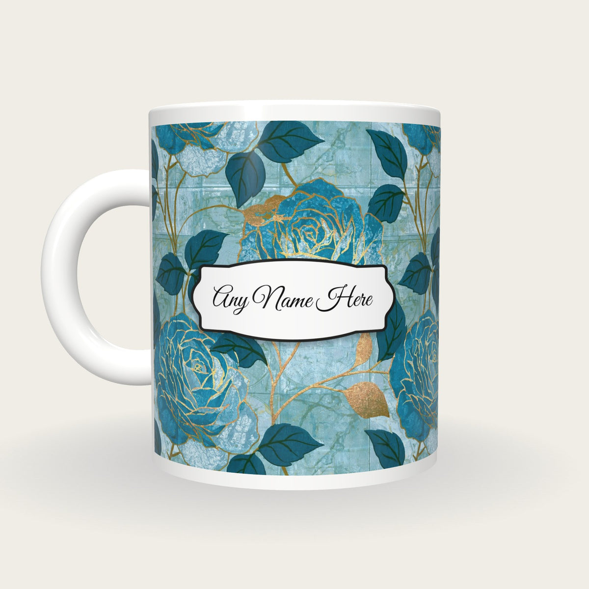 Moku Hanga Roses Name Mug 4, back with the second name label