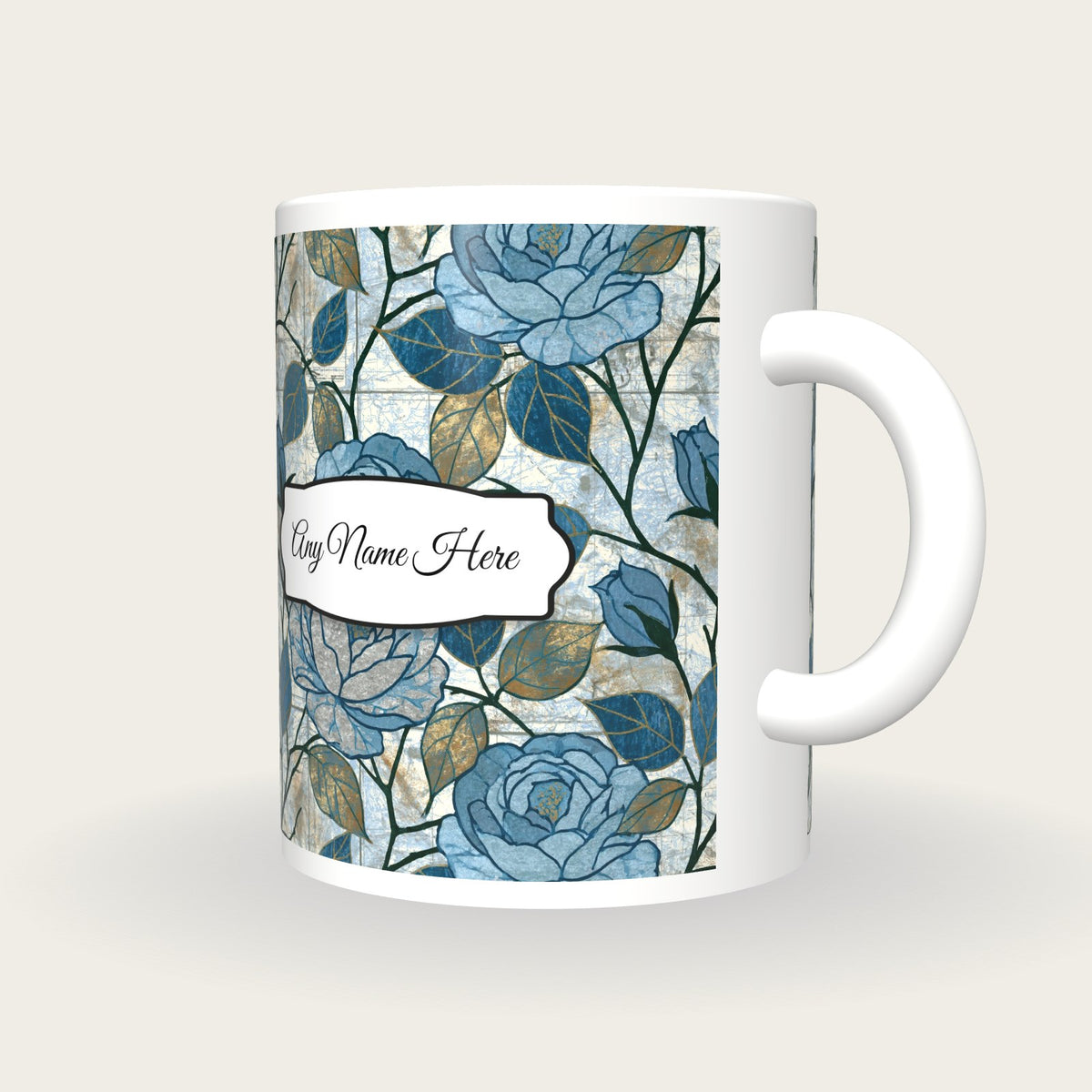 Moku Hanga Roses Name Mug, three-quarter view
