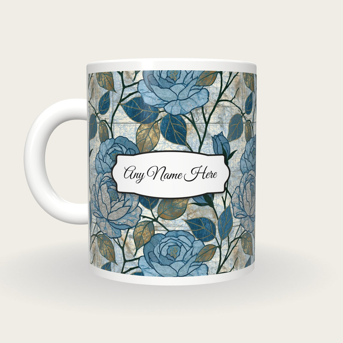 Moku Hanga Roses Name Mug, back with the second name label