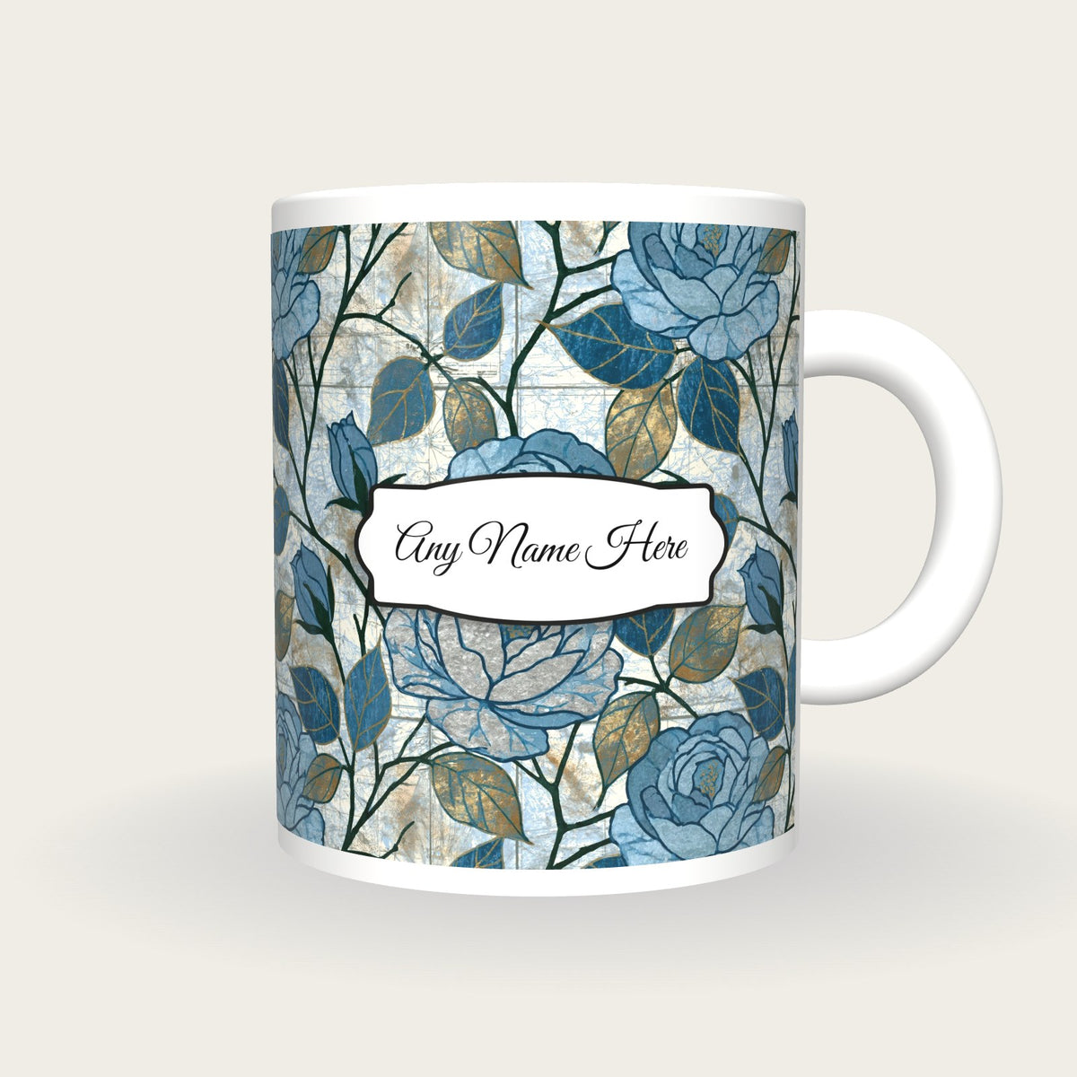 Moku Hanga Roses Name Mug, front with the name label