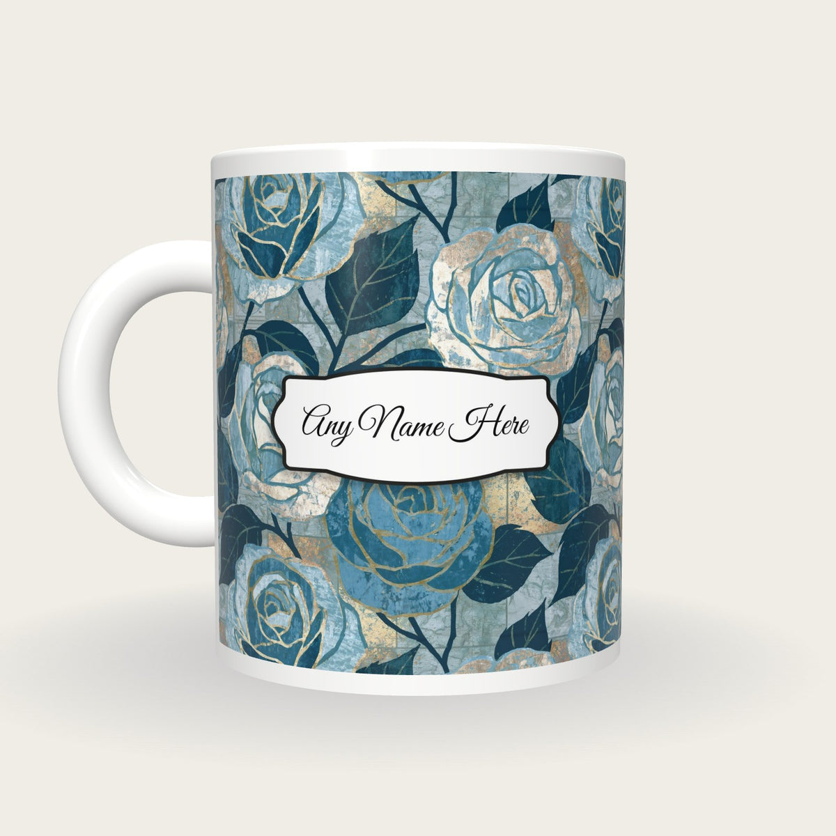 Moku Hanga Roses Name Mug 2, back with the second name label