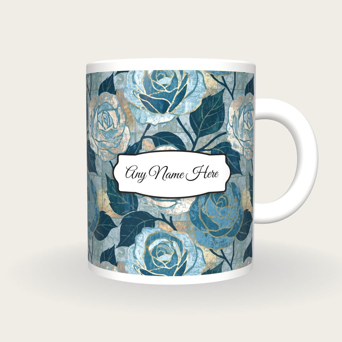 Moku Hanga Roses Name Mug 2, front with the name label