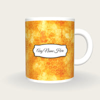 Honeycomb Hexagon Marigold Name Mug, front with the name label
