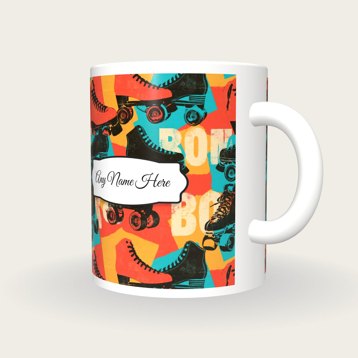 Roller Skate 80s Name Mug, three-quarter view