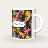 Pineapple Palm Flamingo Name Mug, three-quarter view