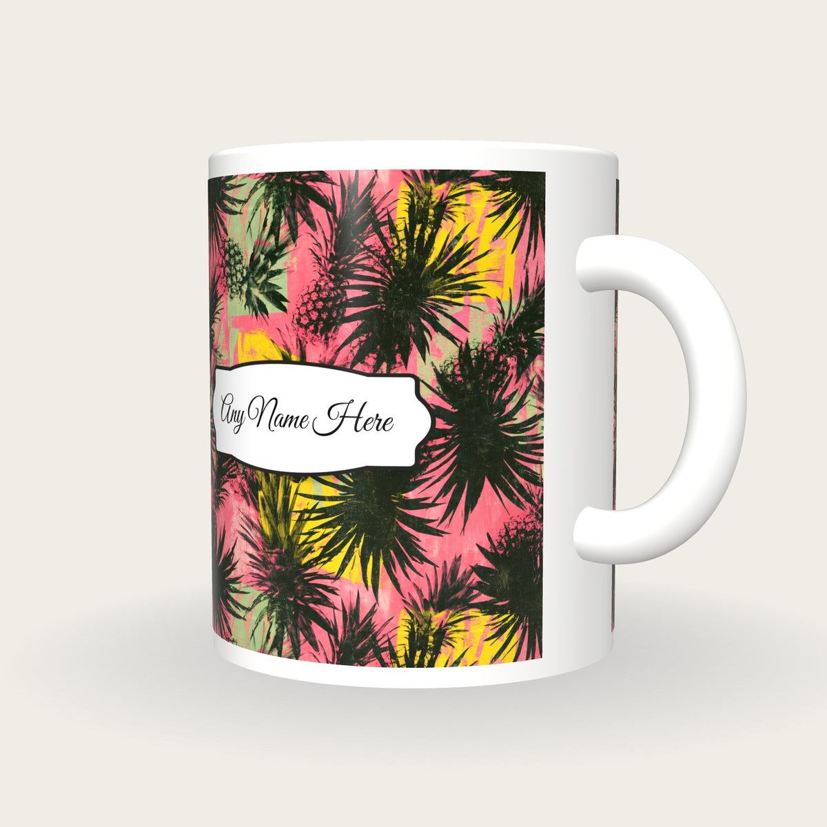 Pineapple Palm Flamingo Name Mug, three-quarter view