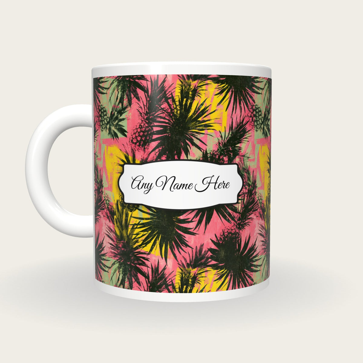 Pineapple Palm Flamingo Name Mug, back with the second name label