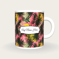 Pineapple Palm Flamingo Name Mug, front with the name label