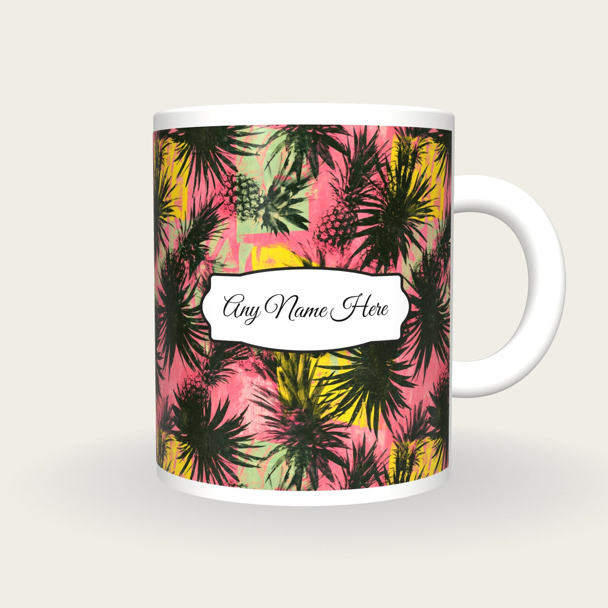 Pineapple Palm Flamingo Name Mug, front with the name label