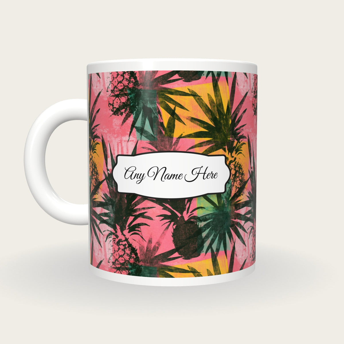 Pineapple Palm Flamingo Name Mug 4, back with the second name label
