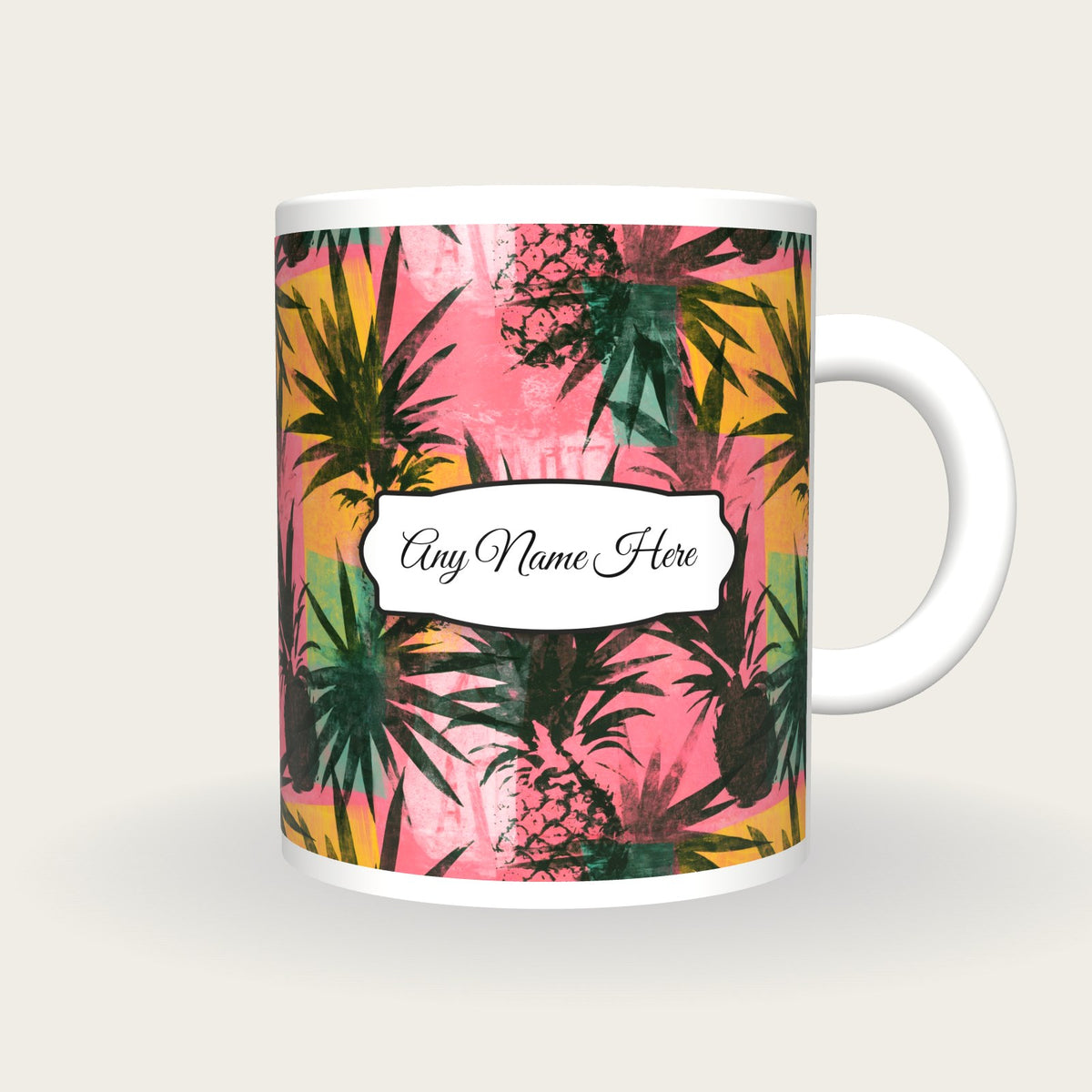 Pineapple Palm Flamingo Name Mug 4, front with the name label