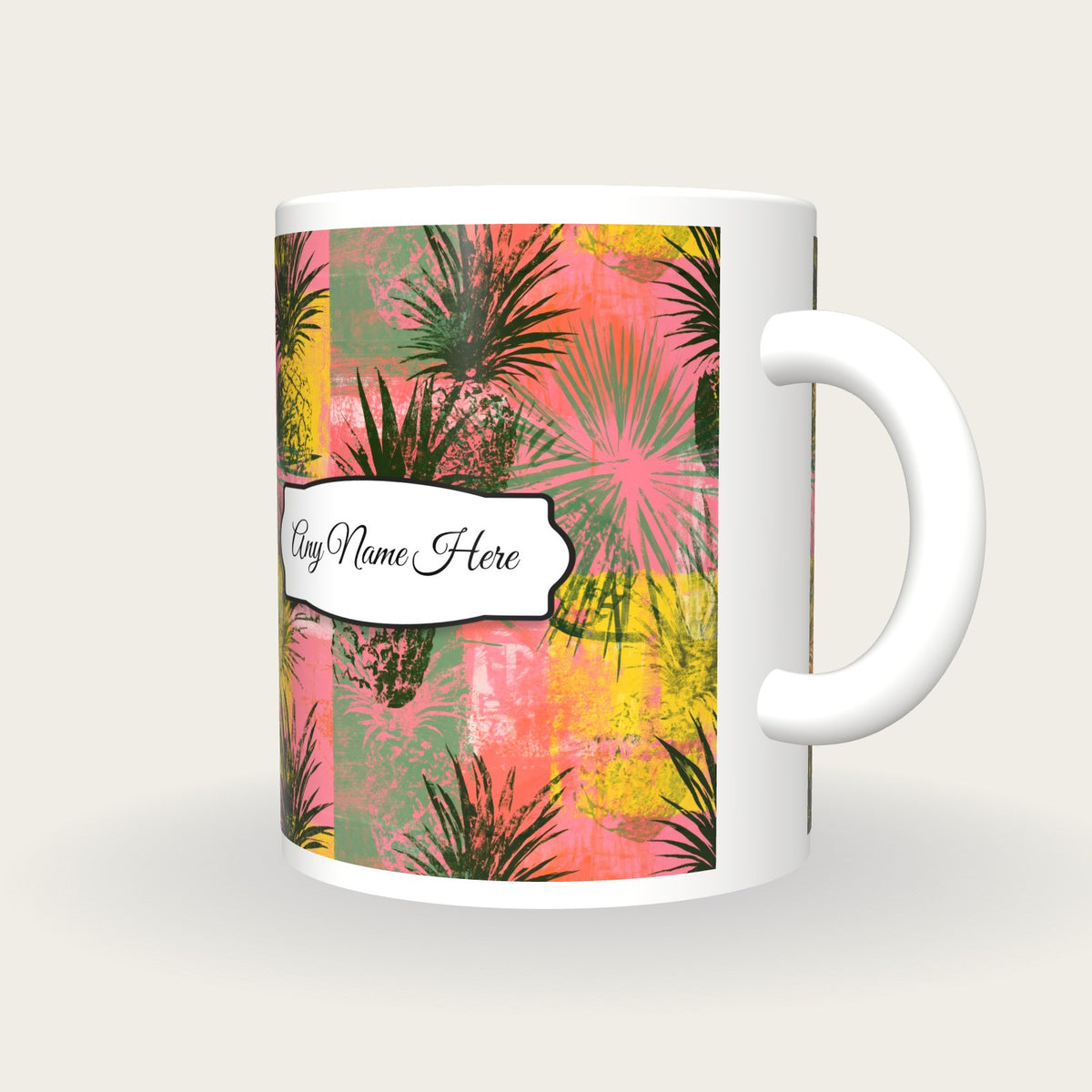 Pineapple Palm Flamingo Name Mug 2, three-quarter view