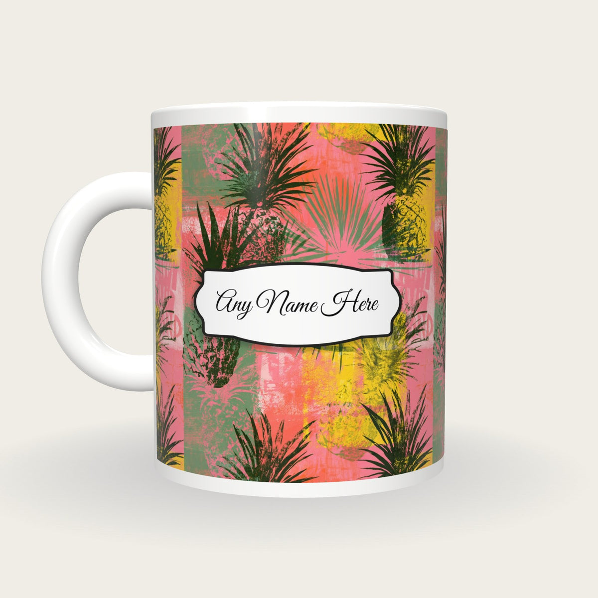 Pineapple Palm Flamingo Name Mug 2, back with the second name label