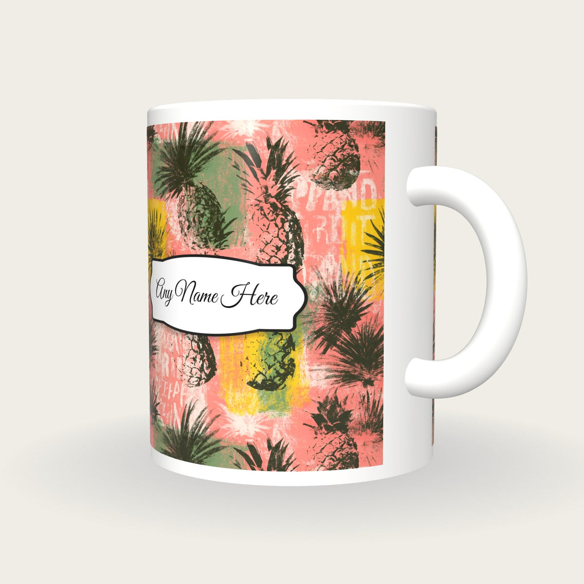 Pineapple Palm Flamingo Name Mug 3, three-quarter view