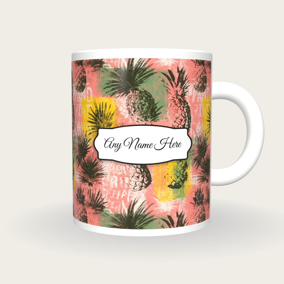 Pineapple Palm Flamingo Name Mug 3, front with the name label