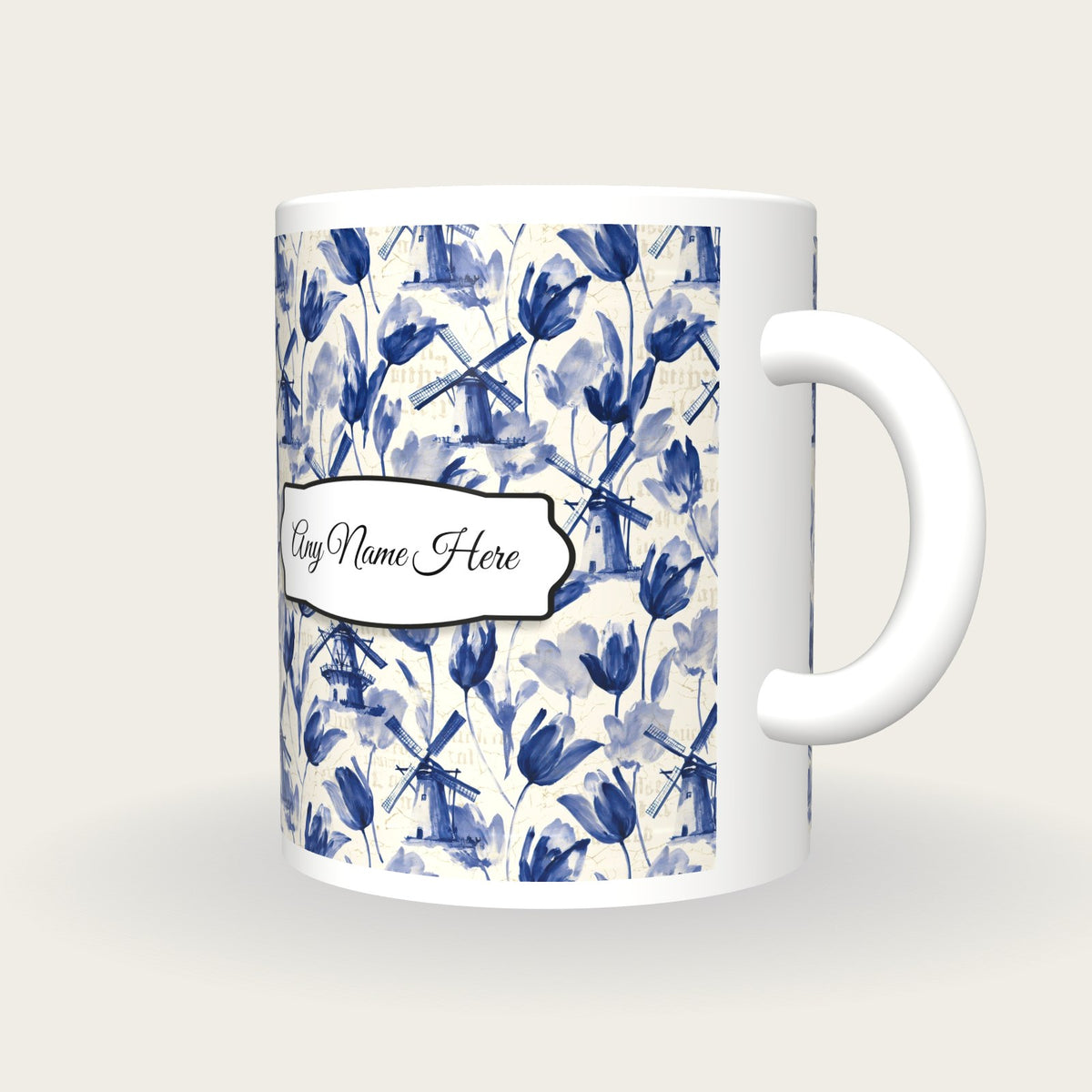 Delft Windmill Tulip Name Mug, three-quarter view