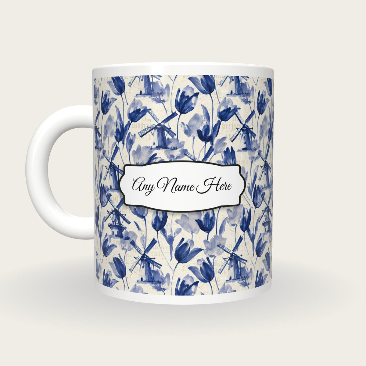 Delft Windmill Tulip Name Mug, back with the second name label