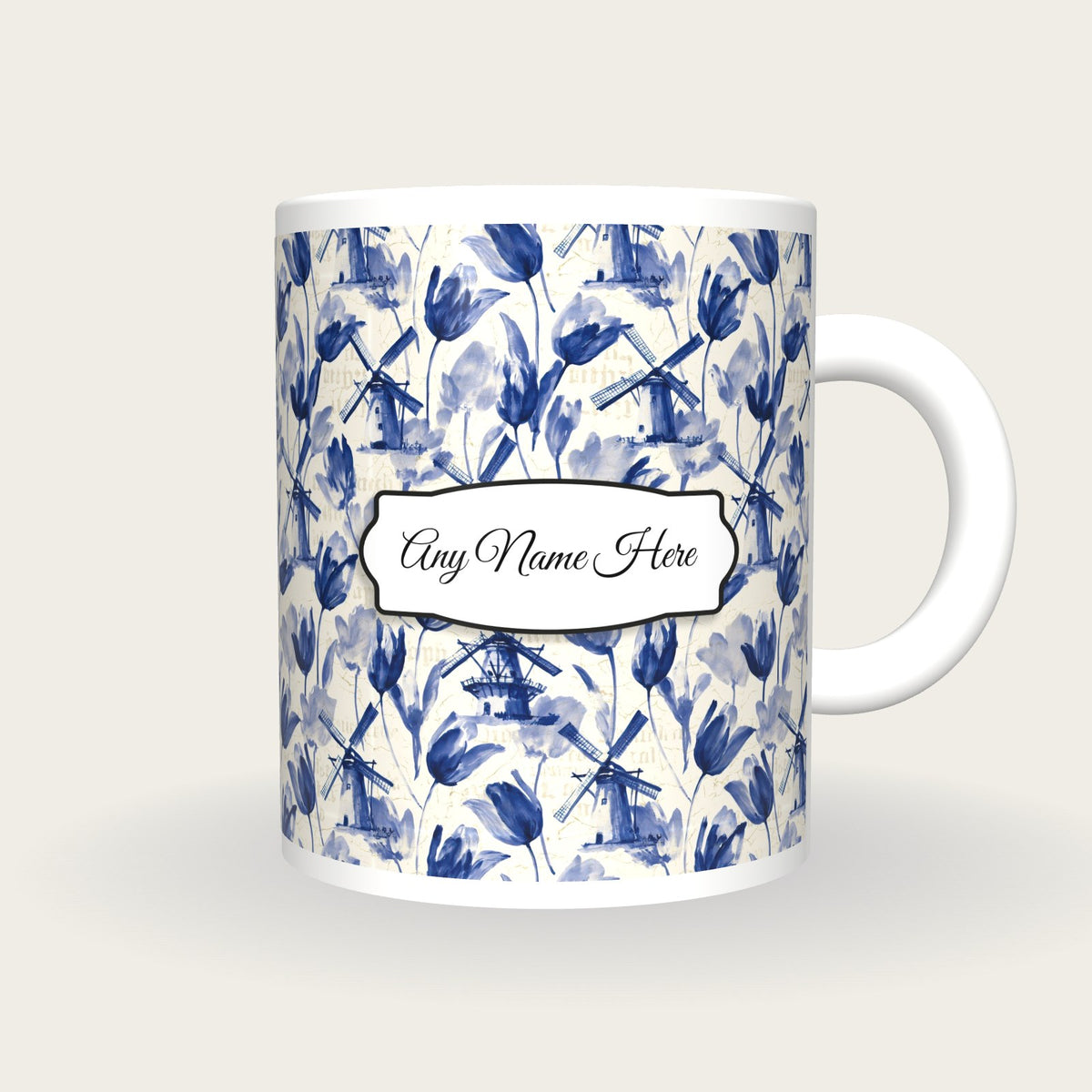 Delft Windmill Tulip Name Mug, front with the name label