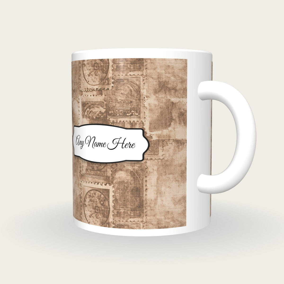 Perforated Stamp Grid Name Mug, three-quarter view
