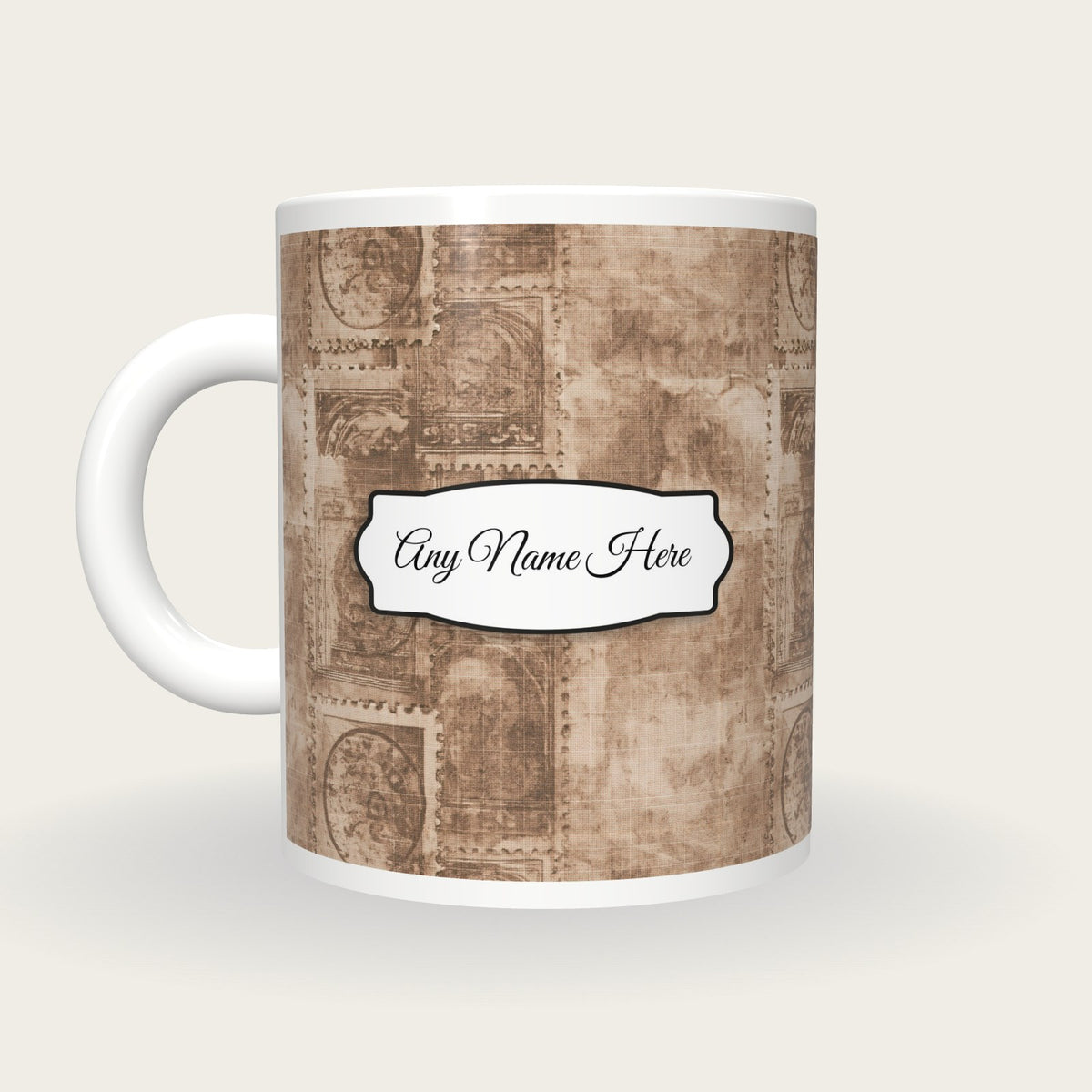 Perforated Stamp Grid Name Mug, back with the second name label