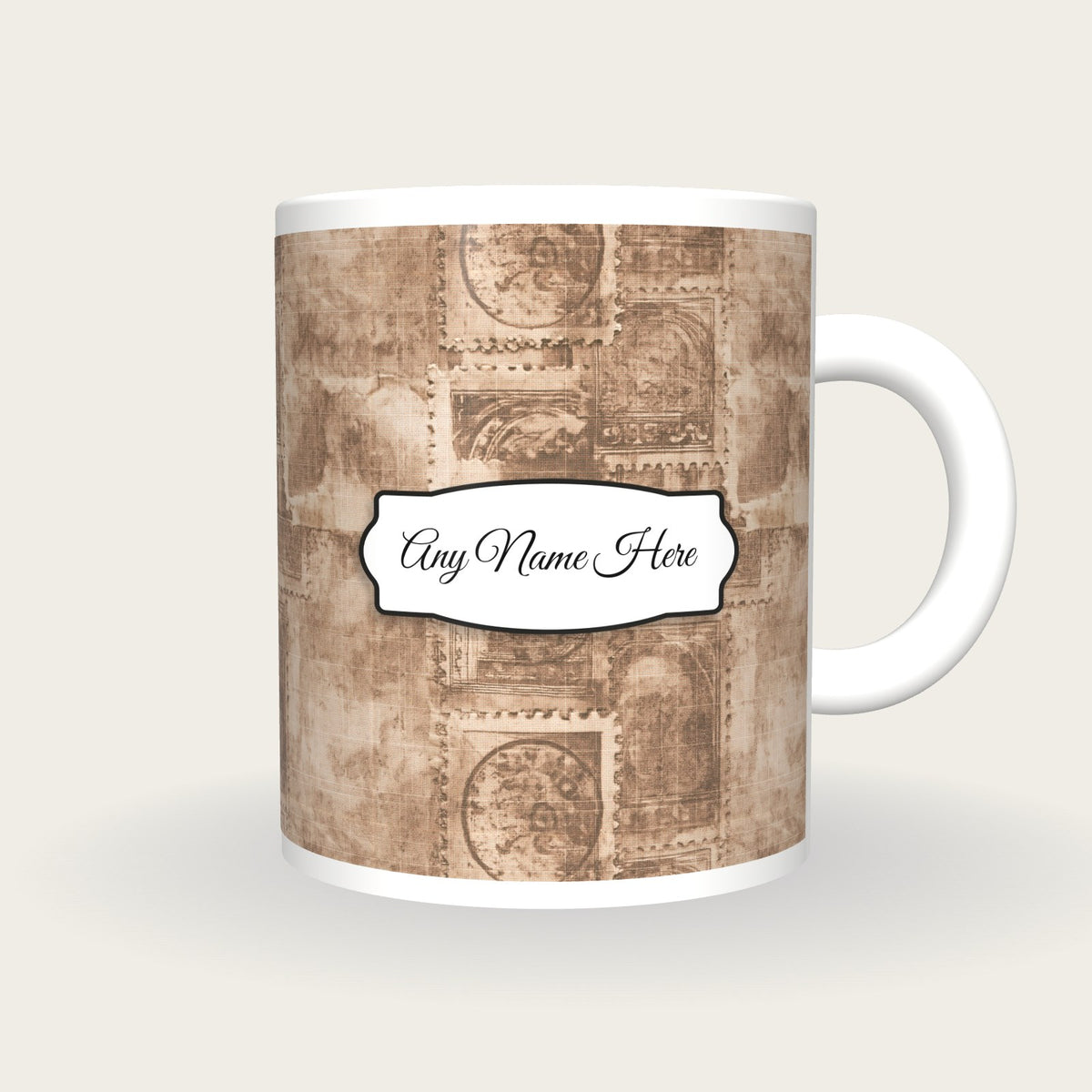 Perforated Stamp Grid Name Mug, front with the name label