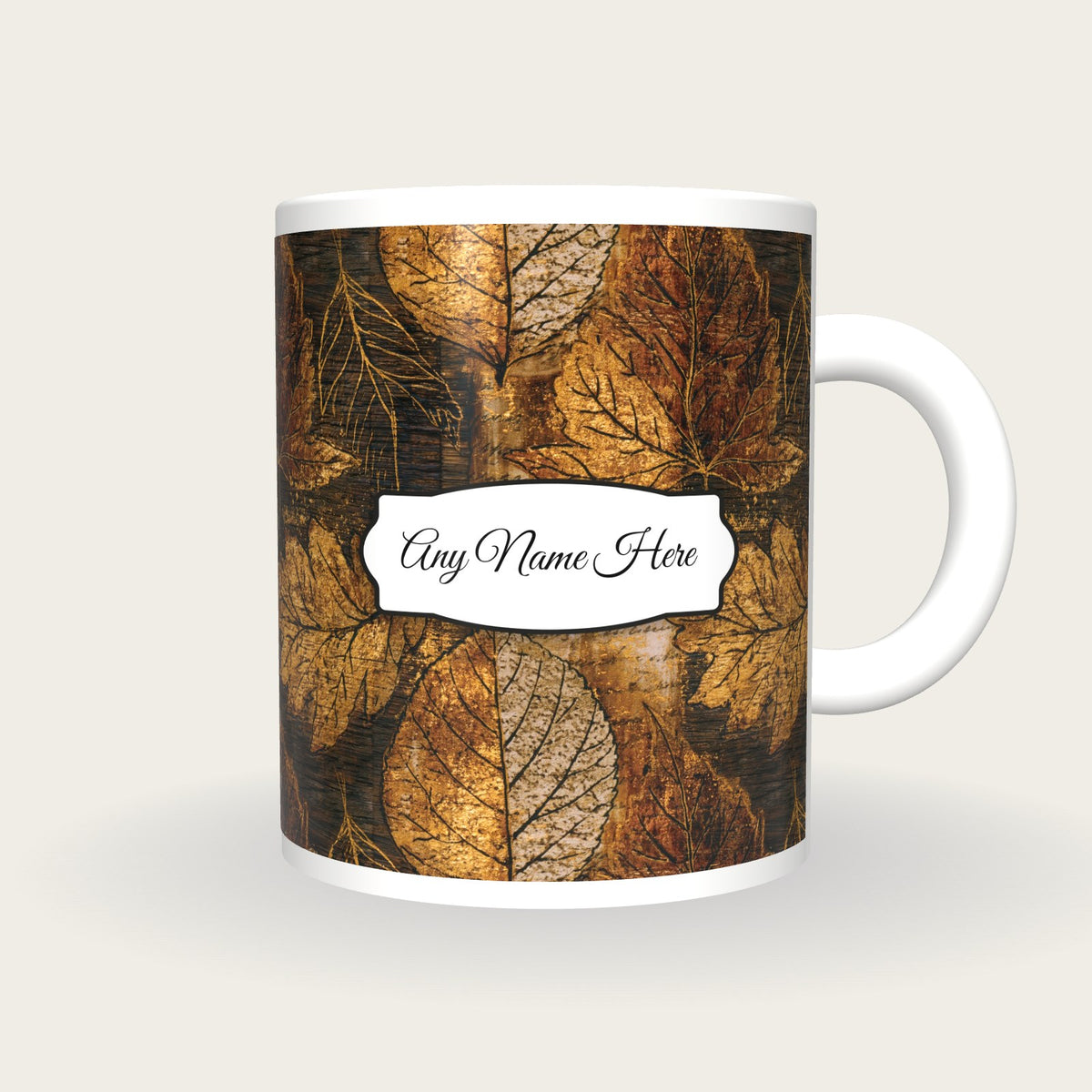 Pyrography Leaf Name Mug, front with the name label