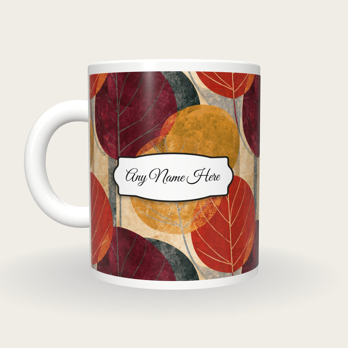 Colour Field Leaf Name Mug, back with the second name label