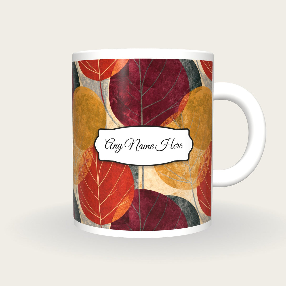 Colour Field Leaf Name Mug, front with the name label