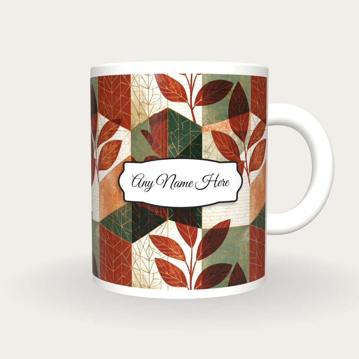 Isometric Leaf Name Mug, front with the name label