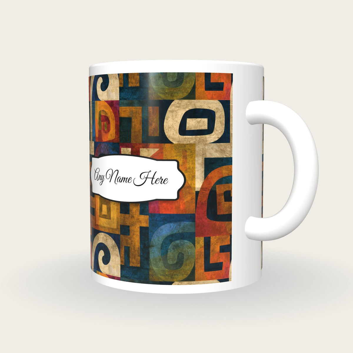 Aztec Glyph Rainbow Codex Name Mug, three-quarter view