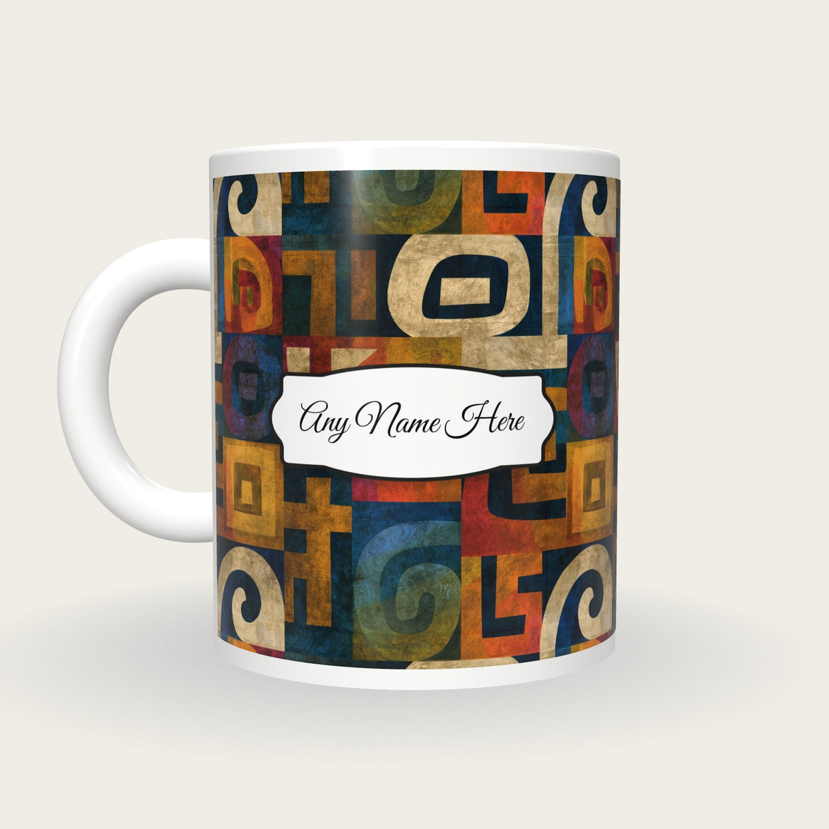 Aztec Glyph Rainbow Codex Name Mug, back with the second name label
